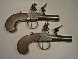 Click to enlarge a pair of 40 bore flintlock boxlock pistols by I. Pratt of York