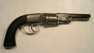 Click to enlarge a rare Harveys Patent 54 bore double action six shot percussion revolver