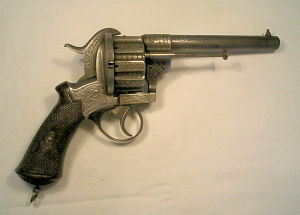 Click to enlarge a French 10 shot 12mm double action Lefaucheux Model 1856 pinfire revolver, Serial No. 484